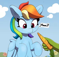 Size: 1880x1830 | Tagged: safe, artist:pabbley, derpibooru import, part of a set, rainbow dash, oc, oc:anon, pegasus, carrot, cute, dashabetes, disembodied hand, ear fluff, food, hand, offscreen character, offscreen human