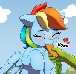 Size: 1880x1830 | Tagged: safe, artist:pabbley, derpibooru import, part of a set, rainbow dash, oc, oc:anon, pegasus, blushing, carrot, cute, dashabetes, disembodied hand, eating, feeding, food, hand, herbivore, hooves to the chest, horses doing horse things, offscreen character, offscreen human