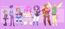 Size: 2423x1096 | Tagged: applejack, artist:bigdad, barefoot, belly button, big breasts, book, bracelet, breasts, busty applejack, busty pinkie pie, busty rarity, chubbie pie, cleavage, clothes, converse, curvy, delicious flat chest, derpibooru import, dusk shine, elf ears, erect nipples, fat, feet, fire ruby, flattershy, floating wings, fluttershy, gem, horn, horned humanization, huge breasts, human, humanized, line-up, mane seven, mane six, midriff, nipple outline, pinkie pie, pony coloring, pudgy pie, rainbow dash, rarity, ruby, rule 63, shoes, smoldash, spike, spiked wristband, suggestive, sweater, sweatershy, tallershy, turtleneck, twilight sparkle, wide hips, winged humanization, wings, wristband