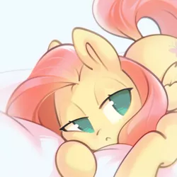 Size: 1602x1602 | Tagged: safe, artist:mirroredsea, derpibooru import, fluttershy, pegasus, pony, :<, cute, female, lidded eyes, mare, no pupils, pillow, prone, shyabetes, sleepy, solo