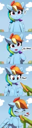 Size: 1880x7320 | Tagged: safe, artist:pabbley, derpibooru import, edit, rainbow dash, oc, oc:anon, pegasus, pony, all in one, blue fur, blue wings, blushing, bronybait, carrot, cloud, comic, cute, dashabetes, eyes closed, floating heart, food, happy, heart, herbivore, hi anon, horses doing horse things, meme, multicolored mane, munching, nom, offscreen character, outdoors, pabbley is trying to murder us, pink eyes, pov, question mark, sky, smiling, talking, tomboy, wings