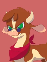 Size: 6000x8000 | Tagged: safe, artist:imposter dude, derpibooru import, arizona cow, cow, them's fightin' herds, bandana, beef, community related, female, food, glasses, meat, simple background, solo, sunglasses