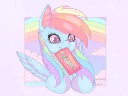 Size: 1600x1200 | Tagged: safe, artist:paranoid_siren, derpibooru import, rainbow dash, pegasus, candy, cloud, cute, dashabetes, ear fluff, female, food, happy, hooves, pastel, pastel background, rainbows, skittles, smiling, solo