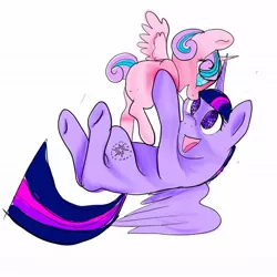 Size: 1080x1080 | Tagged: safe, artist:bellas.den, derpibooru import, princess flurry heart, twilight sparkle, twilight sparkle (alicorn), alicorn, pony, aunt and niece, cute, duo, female, filly, flurrybetes, holding a pony, mare, on back, open mouth, smiling, twiabetes, underhoof