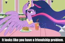 Size: 2029x1338 | Tagged: safe, artist:cloudyglow, artist:decprincess, artist:drakizora, derpibooru import, edit, vector edit, twilight sparkle, alicorn, the last problem, burger, drink, flowing mane, food, hay burger, introvert's nightmare, looking at you, princess twilight 2.0, soda, spread wings, text, twilight burgkle, twilight sparkle (alicorn), vector, wings