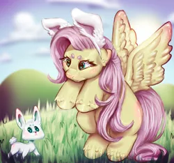 Size: 1710x1602 | Tagged: safe, artist:...macabre..., derpibooru import, angel bunny, fluttershy, pegasus, pony, rabbit, animal, behaving like a rabbit, bunny ears, cute, daaaaaaaaaaaw, female, male, mare, shyabetes