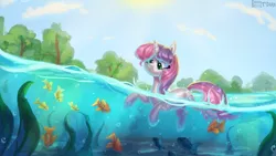 Size: 2400x1350 | Tagged: safe, artist:enderselyatdark, derpibooru import, sweetie belle, fish, pony, unicorn, cute, diasweetes, female, scenery, seaweed, solo, sun, swimming, tree, water, wet, wet mane