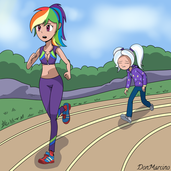 Size: 3000x3000 | Tagged: safe, artist:donmarcino, color edit, derpibooru import, edit, editor:michaelsety, rainbow dash, trixie, human, equestria girls, alternate costumes, alternate hairstyle, babysitter trixie, belly button, breasts, buckball fan gear rainbow dash, cleavage, clothes, colored, exhausted, female, gameloft, gameloft interpretation, grass, hoodie, human coloration, humanized, jacket, light skin, light skin edit, midriff, open clothes, open mouth, open shirt, pants, pigtails, ponytail, race track, running, shoes, shorts, skin color edit, sky, sleeveless, sneakers, socks, sports bra, sports shoes, sports shorts, stars, sweatpants, tracksuit, twintails, zipper