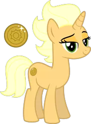 Size: 4000x5450 | Tagged: safe, artist:melisareb, derpibooru import, pony, unicorn, my little pony: the movie, .svg available, absurd resolution, coin, cutie mark, female, headcanon, lidded eyes, looking at you, mare, simple background, solo, sungold, transparent background, vector