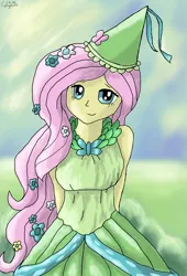 Size: 1720x2533 | Tagged: safe, artist:chipilacloud, derpibooru import, fluttershy, equestria girls, arm behind back, clothes, dress, female, gown, hennin, looking at you, no more ponies at source, princess, princess hat, solo