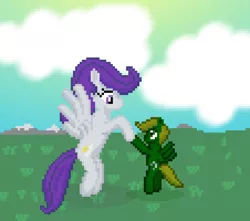 Size: 904x800 | Tagged: safe, artist:silent pone, derpibooru import, oc, oc:morning glory (project horizons), oc:murky, pegasus, pony, fallout equestria, fallout equestria: murky number seven, fallout equestria: project horizons, cloud, fanfic art, female, grass, grass field, male, mare, pixel art, stallion