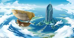 Size: 1600x826 | Tagged: airship, artist:emeraldgalaxy, celaeno's airship, cloud, derpibooru import, flying, mount aris, my little pony: the movie, no pony, ocean, pirate ship, safe, scenery, sky