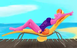 Size: 4096x2560 | Tagged: suggestive, alternate version, artist:alicorn-without-horn, derpibooru import, luster dawn, anthro, unguligrade anthro, unicorn, beach, blue underwear, bodysuit, breasts, clothes, cloud, deck chair, eyes closed, female, high res, ocean, raised arm, solo, solo female, stupid sexy luster dawn, swimsuit, underwear