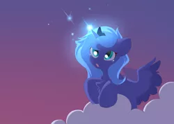 Size: 3500x2500 | Tagged: safe, artist:kebchach, derpibooru import, princess luna, alicorn, pony, cloud, colored wings, crown, evening, evening sky, female, filly, gradient background, high res, jewelry, luna's crown, magic, multicolored wings, regalia, sky, solo, teary eyes, wings, woona, younger