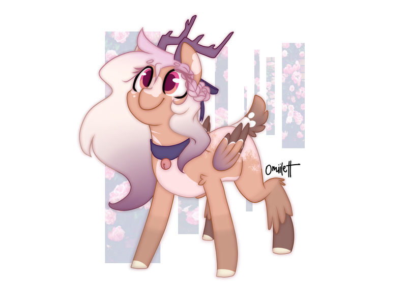 Size: 1600x1200 | Tagged: safe, artist:omiilett studios, derpibooru import, oc, oc:omii, unofficial characters only, pony, accessories, antlers, simple background, solo, wings