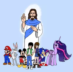 Size: 3599x3553 | Tagged: alicorn, animal, anthro, anthro with ponies, artist:jmantheangel, bugs bunny, christianity, crossover, derpibooru import, hedgehog, human, jesus christ, looking at you, looney tunes, mario, mickey mouse, mouse, oc, oc:j-man, rabbit, religion, safe, simple background, smiling, sonic the hedgehog, sonic the hedgehog (series), super mario bros., twilight sparkle, twilight sparkle (alicorn)