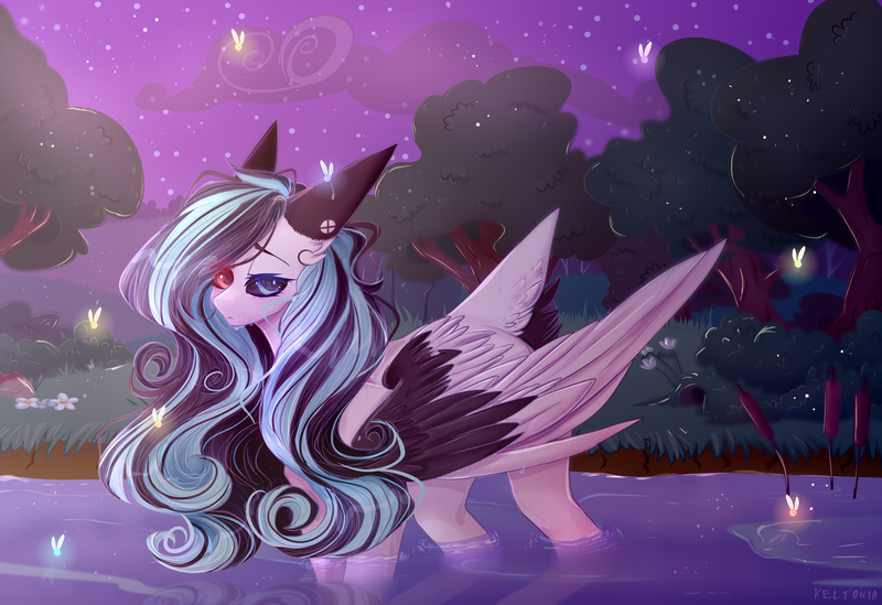 Size: 2481x1704 | Tagged: safe, artist:keltonia, derpibooru import, oc, firefly (insect), insect, pegasus, pony, colored wings, female, heterochromia, mare, night, solo, two toned wings, wings