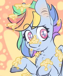 Size: 500x600 | Tagged: safe, artist:rumlion, derpibooru import, rainbow dash, pegasus, pony, my little pony: pony life, princess probz, spoiler:pony life s01e01, abstract background, bust, chest fluff, colored hooves, dirty, female, flan, food, heart eyes, looking at you, mare, pudding, raised eyebrow, solo, three quarter view, wingding eyes, wings