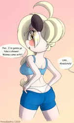 Size: 2300x3800 | Tagged: anthro, anthro oc, artist:perezadotarts, breasts, butt, clothes, colored, derpibooru import, digital art, eye clipping through hair, female, hand, looking back, oc, oc:kitsume butterfly, panties, simple background, solo, speech bubble, suggestive, text, underwear, whale tail, white underwear