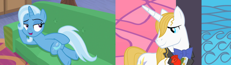 Size: 2560x720 | Tagged: safe, derpibooru import, edit, edited screencap, screencap, prince blueblood, trixie, road to friendship, the best night ever, bedroom eyes, bluetrix, couch, draw me like one of your french girls, female, lying down, male, shipping, shipping domino, straight