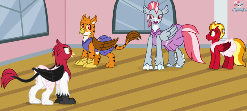 Size: 2888x1298 | Tagged: safe, artist:peregrinstaraptor, derpibooru import, oc, oc:gareth, oc:genette, oc:sunfyre, oc:valour flame, unofficial characters only, classical hippogriff, gryphon, hippogriff, pegasus, pony, ballerina, ballerinas, ballet, cheerleader outfit, clothes, crossdressing, female, femboy, griffon oc, hippogriff oc, male, stallion, studio, tutu, tutus, tututiful