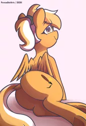 Size: 2394x3500 | Tagged: suggestive, alternate version, artist:perezadotarts, derpibooru import, oc, oc:oulie mareota, pegasus, pony, butt, cutie mark, dock, female, looking at you, ponytail, simple background, solo