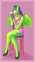 Size: 1217x2107 | Tagged: suggestive, artist:bartholomy, derpibooru import, oc, oc:chess checker, unofficial characters only, anthro, boyshorts, bra, breasts, chair, choker, clothes, coffee, crossed legs, frilly underwear, high heels, panties, pink underwear, rule 63, shoes, underwear