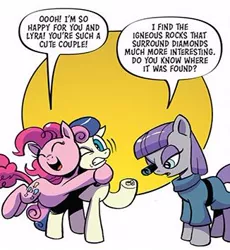 Size: 326x355 | Tagged: safe, artist:andypriceart, derpibooru import, idw, official, bon bon, maud pie, pinkie pie, sweetie drops, earth pony, pony, spoiler:comic, spoiler:comic89, bon bon is not amused, female, hug, implied lesbian, implied lyrabon, implied shipping, jewelry, mare, official comic, ring, season 10, unamused, wedding ring