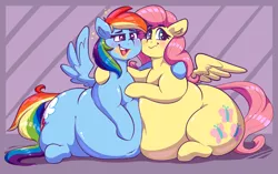 Size: 2859x1793 | Tagged: suggestive, artist:graphenescloset, derpibooru import, fluttershy, rainbow dash, pegasus, pony, belly, belly button, big belly, blushing, drunk, drunker dash, duo, fat, fattershy, female, food baby, huge belly, large butt, mare, messy, obese, rainblob dash, smiling, spread wings, stuffed, the ass was fat, tubby wubby pony waifu, wings