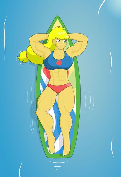 Size: 1280x1872 | Tagged: safe, artist:matchstickman, derpibooru import, applejack, equestria girls, abs, applejacked, biceps, bikini, breasts, busty applejack, clothes, female, hands behind back, muscles, solo, surfboard, swimsuit, thighs, thunder thighs, water