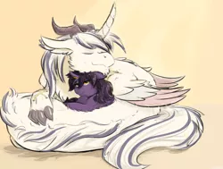 Size: 1628x1228 | Tagged: safe, artist:testostepone, derpibooru import, oc, oc:rivibaes, oc:yiazmat, draconequus, unicorn, draconequus oc, horns, snuggling, wings