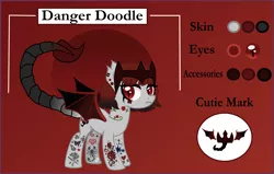 Size: 4000x2547 | Tagged: safe, artist:sparklysapphire, derpibooru import, oc, oc:danger doodle, unofficial characters only, bat pony, hybrid, original species, pony, scorpion, scorpion pony, bat pony oc, bat wings, crown, ear piercing, earring, fangs, female, jewelry, mare, markings, piercing, red background, reference sheet, regalia, scorpion tail, simple background, solo, tattoo, wings