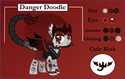 Size: 4000x2547 | Tagged: safe, artist:sparklysapphire, derpibooru import, oc, oc:danger doodle, unofficial characters only, bat pony, hybrid, original species, pony, scorpion, scorpion pony, bat pony oc, bat wings, bracelet, choker, clothes, crown, ear piercing, earring, fangs, female, jacket, jewelry, leather jacket, mare, markings, piercing, red background, reference sheet, regalia, scorpion tail, shorts, simple background, sleeveless, solo, spiked choker, spiked wristband, tattoo, wings, wristband