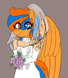 Size: 1657x1899 | Tagged: safe, artist:supra80, derpibooru import, oc, oc:cold front, anthro, pegasus, anthro oc, bridal veil, clothes, crossdressing, dress, femboy, flower, male, photoshop, rose, see-through, solo, wedding dress, wings, wip