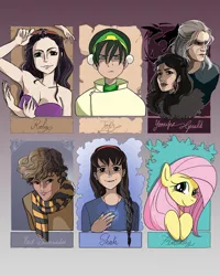 Size: 1080x1349 | Tagged: safe, artist:yack.fr, derpibooru import, fluttershy, human, pegasus, pony, six fanarts, avatar the last airbender, bust, castle in the sky, clothes, crossover, eyelashes, female, geralt of rivia, harry potter, hat, jewelry, male, mare, multiple limbs, necklace, newt scamander, nico robin, one piece, scarf, sheeta, smiling, the witcher, toph bei fong, yennefer of vengerberg