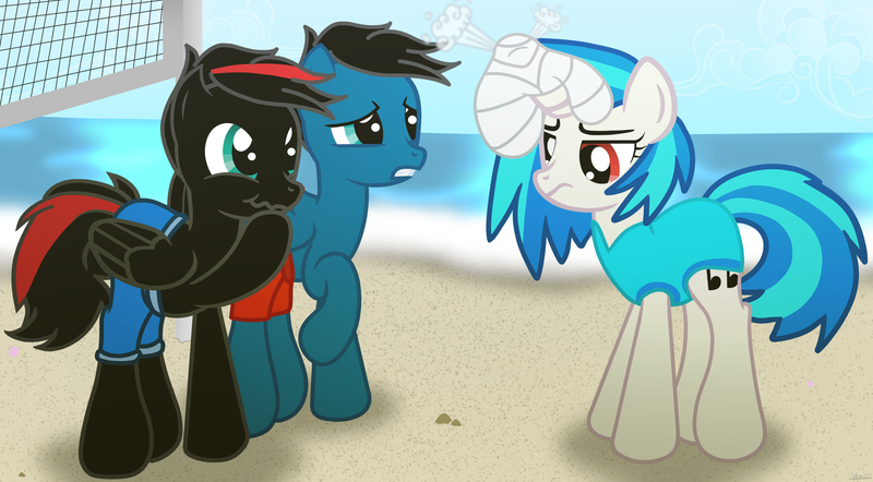 Size: 10830x5984 | Tagged: safe, artist:agkandphotomaker2000, derpibooru import, vinyl scratch, oc, oc:arnold the pony, oc:pony video maker, pegasus, pony, unicorn, beach, canon x oc, clothes, concerned, disappointed, disinflated ball, female, holding the laughter, male, ocean, red and black oc, red eyes, shipping, show accurate, sports, straight, swimsuit, unicorn problems, videoscratch, volleyball, volleyball net