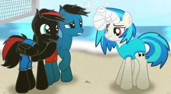 Size: 10830x5984 | Tagged: safe, artist:agkandphotomaker2000, derpibooru import, vinyl scratch, oc, oc:arnold the pony, oc:pony video maker, pegasus, pony, unicorn, beach, canon x oc, clothes, concerned, disappointed, disinflated ball, female, holding the laughter, male, ocean, red and black oc, red eyes, shipping, show accurate, sports, straight, swimsuit, unicorn problems, videoscratch, volleyball, volleyball net