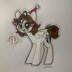 Size: 2048x2048 | Tagged: safe, artist:madkadd, derpibooru import, oc, unofficial characters only, pegasus, pony, :d, blush sticker, blushing, female, hat, mare, open mouth, party hat, pegasus oc, signature, smiling, solo, traditional art, wings