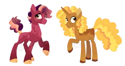 Size: 968x515 | Tagged: safe, artist:strawberry-spritz, derpibooru import, oc, oc:bumblebee comet, oc:poppyseed meadow, earth pony, pony, unicorn, cloven hooves, coat markings, offspring, parent:big macintosh, parent:twilight sparkle, parents:twimac, simple background, transparent background, watermark