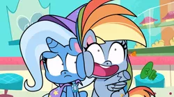 Size: 1680x944 | Tagged: safe, derpibooru import, screencap, rainbow dash, trixie, pegasus, pony, unicorn, friendship gems, my little pony: pony life, spoiler:pony life s01e12, spoiler:pony life s01e17, cape, clothes, female, hat, mare, trixie's cape, trixie's hat, x x everywhere