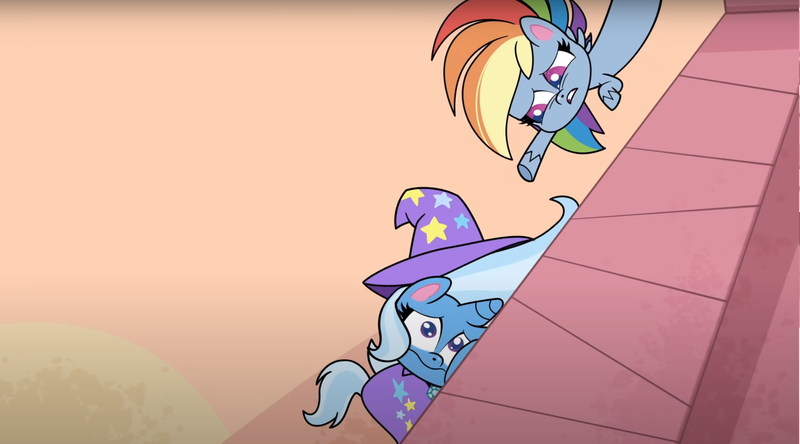 Size: 1680x932 | Tagged: safe, derpibooru import, screencap, rainbow dash, trixie, friendship gems, my little pony: pony life, spoiler:pony life s01e12, spoiler:pony life s01e17, cape, cheek squish, clothes, hat, squishy cheeks, trixie's cape, trixie's hat