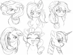 Size: 1620x1215 | Tagged: safe, artist:pearl123_art, derpibooru import, applejack, fluttershy, pinkie pie, rainbow dash, rarity, twilight sparkle, pony, blue background, bust, cute, eye clipping through hair, eyes closed, female, lineart, looking at you, mane six, mare, open mouth, portrait, profile, simple background