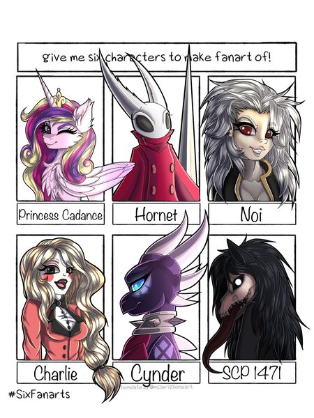 Size: 1536x2048 | Tagged: safe, artist:pearl123_art, derpibooru import, princess cadance, alicorn, dragon, hornet, human, insect, pony, six fanarts, bust, charlie magne, chest fluff, clothes, collar, crossover, cynder, dorohedoro, dragoness, eyelashes, female, hazbin hotel, hollow knight, mare, noi (dorohedoro), one eye closed, scp-1471, smiling, spyro the dragon (series), tongue out, wink