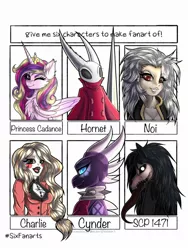 Size: 1536x2048 | Tagged: safe, artist:pearl123_art, derpibooru import, princess cadance, alicorn, dragon, hornet, human, insect, pony, six fanarts, bust, charlie magne, chest fluff, clothes, collar, crossover, cynder, dorohedoro, dragoness, eyelashes, female, hazbin hotel, hollow knight, mare, noi (dorohedoro), one eye closed, scp-1471, smiling, spyro the dragon (series), tongue out, wink