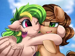 Size: 2379x1783 | Tagged: safe, artist:pridark, derpibooru import, oc, oc:fruity extra, oc:nutty special, unofficial characters only, earth pony, pegasus, pony, bust, commission, cute, duo, hug, one eye closed, open mouth, portrait, smiling