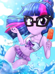 Size: 1800x2400 | Tagged: safe, artist:artmlpk, derpibooru import, sci-twi, twilight sparkle, equestria girls, adorable face, adorasexy, adorkable, adorkasexy, beach, beautiful, bikini, bow, clothes, cloud, cute, digital art, dork, female, food, glasses, looking at you, melting, nerd, ocean, ponytail, popsicle, see-through, sexy, smiling, smiling at you, solo, summer, sunflare, sunny, swimsuit, twiabetes, two piece swimsuit, water, watermark, wave