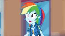 Size: 1275x720 | Tagged: safe, derpibooru import, screencap, rainbow dash, equestria girls, equestria girls series, run to break free, spoiler:eqg series (season 2), backpack, cute, dashabetes, female, geode of super speed, magical geodes, open mouth, reaction image, shocked, solo