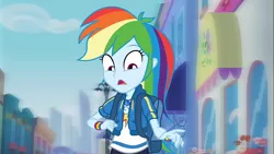 Size: 1275x720 | Tagged: safe, derpibooru import, screencap, rainbow dash, equestria girls, equestria girls series, run to break free, spoiler:eqg series (season 2), backpack, clothes, cute, dashabetes, female, geode of super speed, magical geodes, reaction image, shocked, solo, wristband