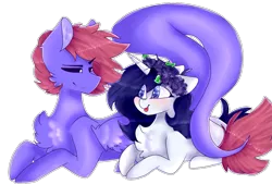 Size: 949x642 | Tagged: safe, artist:shinningblossom12, derpibooru import, oc, oc:ufo, unofficial characters only, pegasus, pony, unicorn, :p, blushing, chest fluff, duo, floral head wreath, flower, horn, looking at each other, pegasus oc, prone, simple background, smiling, smirk, tongue out, transparent background, unicorn oc, wings