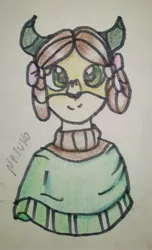 Size: 2005x3305 | Tagged: safe, artist:wrath-marionphauna, derpibooru import, yona, anthro, yak, bow, clothes, colored pencil drawing, cute, female, hair bow, horn, marker drawing, monkey swings, poncho, smiling, solo, sweater, traditional art, yonadorable